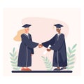 Young female shaking hands to American professor. Academician gives student diploma