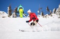 Young female skier on a snowy slope Royalty Free Stock Photo