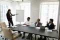 Young female speaker giving educational lecture to business people. Royalty Free Stock Photo