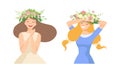 Young Female with Splendid Hair Having Floral Wreath on Her Head Vector Set Royalty Free Stock Photo