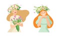 Young Female with Splendid Hair Having Floral Wreath on Her Head Vector Set Royalty Free Stock Photo