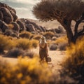 a woman walking in the desert with a backpack and a guitar