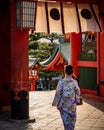 Young female strolling down an alleyway, with traditional Japanese tori gates