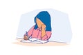 A young female student doing homework. Simple flat colour design Continuous one line drawing Royalty Free Stock Photo