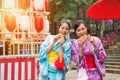 Young female students wearing the kimono costume Royalty Free Stock Photo