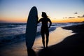 Young female surfer on beach in sunset Royalty Free Stock Photo