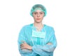 Young female surgeon doctor standing with arms crossed and smiling, Isolated over white background Royalty Free Stock Photo