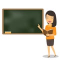 Young female teacher with book on lesson at blackboard in classroom. Teacher showing on board. Education vector illustration