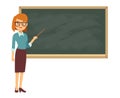 Young female teacher on lesson at blackboard in classroom