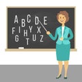 Young female teacher on lesson at blackboard in classroom. Teacher with pointer, teacher showing on board. Vector Royalty Free Stock Photo