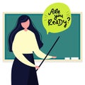 Young female teacher on lesson at blackboard with speech bubble. are you ready Teacher with pointer, teacher showing on board.