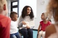 Young female teacher showing a picture in a book to children in an infant school class sitting on chairs in the classroom, over sh Royalty Free Stock Photo