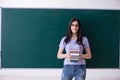 The young female teacher student in front of green board Royalty Free Stock Photo