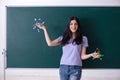 The young female teacher student in front of green board Royalty Free Stock Photo