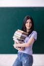 Young female teacher student in front of green board Royalty Free Stock Photo