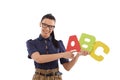 Young female teacher teaching alphabet smiling