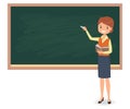 Young female teacher is writing chalk on a school blackboard