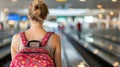 Young Female Traveler with Backpack on Airport Moving Walkway. Royalty Free Stock Photo