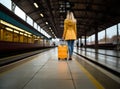 Young female traveler in a bright jacket walking with a yellow suitcase at the modern railway station and waiting for the train, Royalty Free Stock Photo