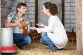 Young female veterinarian talking to male farmer