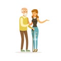 Young female volunteer helping and supporting elderly man, healthcare assistance and accessibility colorful vector Royalty Free Stock Photo