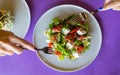 The young female waiter holding in her hands the plate with the Greek salad. Royalty Free Stock Photo