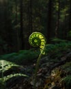 Young fern unfurling in a sunlit forest Royalty Free Stock Photo