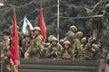 Young fighters of the militarized column of military equipment o Royalty Free Stock Photo