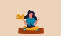 Young financial woman with income money and relax. Worker yoga monetization and meditation investing vector illustration concept.