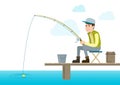 Young fisherman with fishing rod, hooks, bait, on the river and lake, Vector character illustration Royalty Free Stock Photo