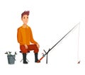 Young fisherman seating with fish rod and wait bite.Caughted fish in a bucket. Successful fishing Royalty Free Stock Photo