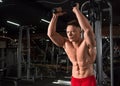 Young fit attractive man doing overhead triceps rope extension exercise in gym Royalty Free Stock Photo