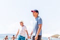 Young fit caucasian men playing beach volleyball in a team Royalty Free Stock Photo