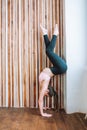 Young fit flexible woman wearing sportswear do handstand in modern living room. Indoors workout. Training at home. Royalty Free Stock Photo