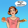 Young Fit Pop Art Woman Choosing Between Healthy and Unhealthy Food - Orange and Pizza Royalty Free Stock Photo