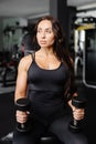 Young fit woman practicing dumbbell press while sitting on a bench. Slim female in sportswear exercises with weights in a gym Royalty Free Stock Photo