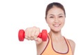 Young fitness asian woman. Focus on dumbbell. Isolated on white. Royalty Free Stock Photo