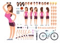 Young fitness female, sportswoman. Vector creation constuctor with big set of woman body parts and sport equipment