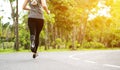 Young fitness sport woman running on the road in the morning, Young fitness sportswoman runner running on tropical park trail. Peo Royalty Free Stock Photo