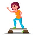 Young Fitness Woman Doing Exercises On Stepper Vector. Isolated Illustration