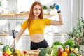 Young Fitness Woman Lead Healthy Lifestyle, Keep In Diet And Use Dumbbells