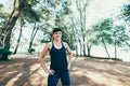 Young fitness woman runner stretching legs before run Royalty Free Stock Photo