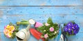 Young flowers in the springtime with gardening tools, flat lay, copy space