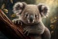 Young and fluffy koala with a curious gaze perched on a eucalyptus tree branch in the Australian outback