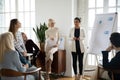 Young focused indian female speaker giving presentation. Royalty Free Stock Photo