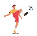 Young Football Player Character In Team Uniform Kick Ball, Sportsman During Soccer Competition, League, Tournament