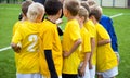 Young football soccer players with coach. Coach motivate children sports team Royalty Free Stock Photo