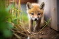 young fox kit exploring outside den Royalty Free Stock Photo