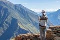 Young free woman travel alone in Andes mountains in Peru. Landscape with solo female tourist, mountains and copy space Royalty Free Stock Photo