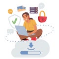 Young freelance woman working with digital data in safety cloud storage service cartoon scene Royalty Free Stock Photo